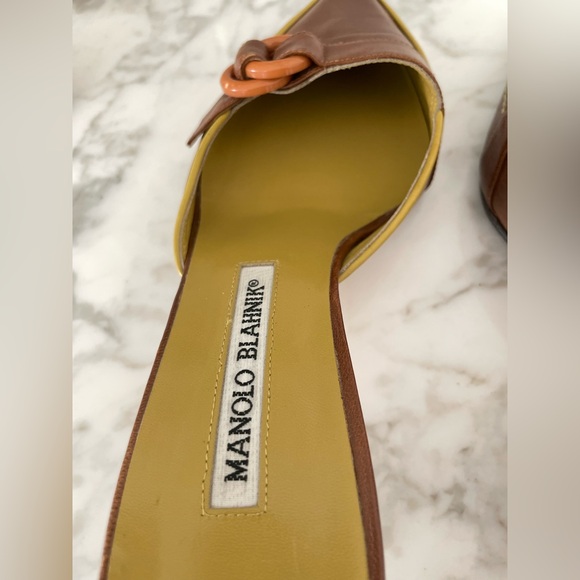 Manolo Blahnik Chartreuse Chocolate Leather Kitten Heels Size 37 - Picture 9 of 12